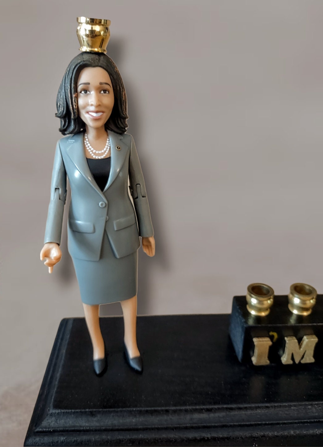 Kamala Harris Menorah — figure beside hand-painted I'm Speaking letters | Judaica Square Lakewood (view 4)
