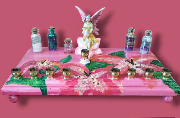 Fairy Flower Menorah — resin fairy and glass dust jar on a painted floral base | Judaica Square Lakewood