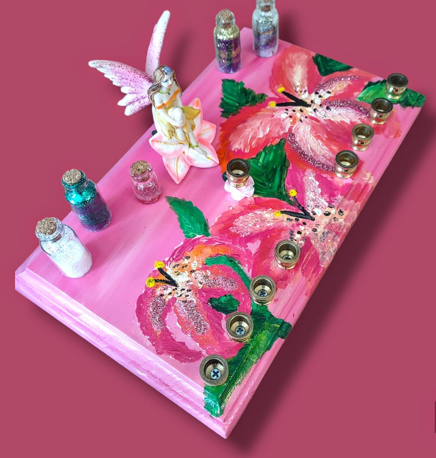 Fairy Flower Menorah — resin fairy and glass dust jar on a painted floral base | Judaica Square Lakewood (view 2)