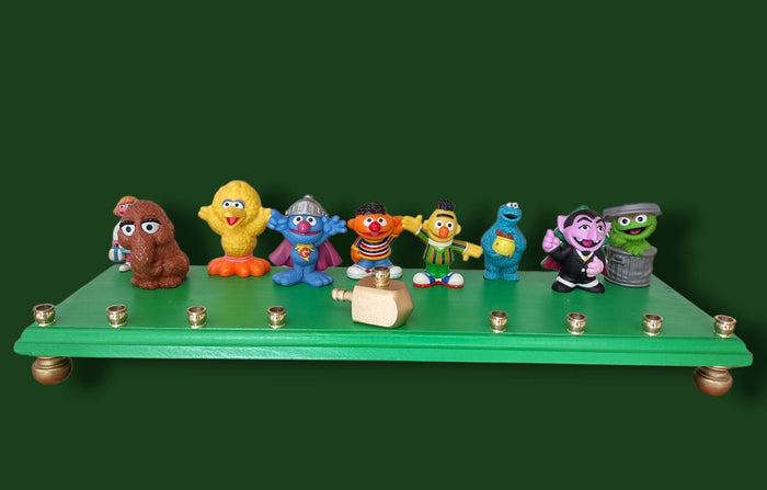 Sesame Street Menorah — Elmo, Bert, Ernie and friends with wooden dreidel shamash | Judaica Square Lakewood