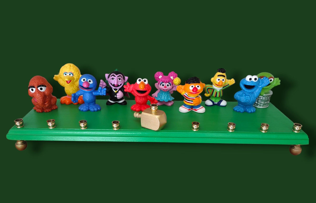 Sesame Street Menorah — Elmo, Bert, Ernie and friends with wooden dreidel shamash | Judaica Square Lakewood (view 4)