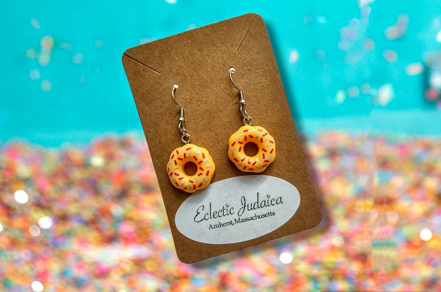Sprinkle Donut Earrings — frosted donuts with rainbow sprinkles | Judaica Square Lakewood (view 4)