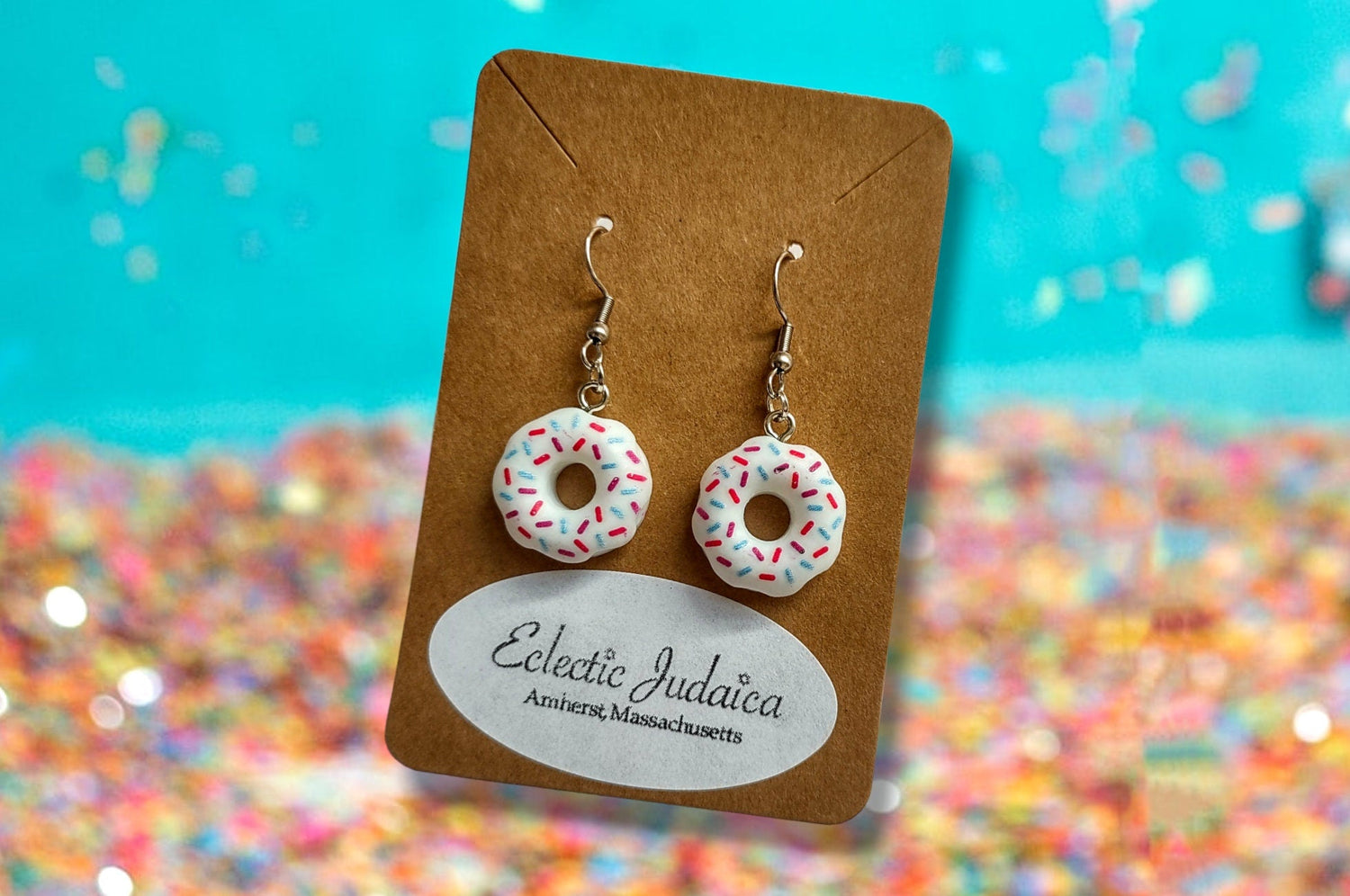 Sprinkle Donut Earrings — frosted donuts with rainbow sprinkles | Judaica Square Lakewood (view 5)