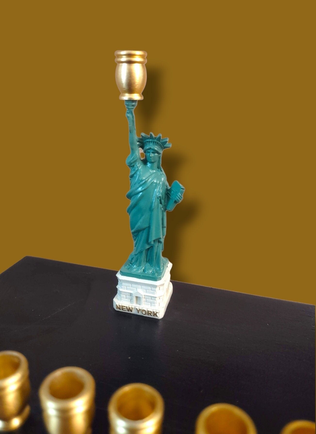 Statue of Liberty Menorah — repurposed figure on footed wood plaque with letters | Judaica Square Lakewood (view 3)