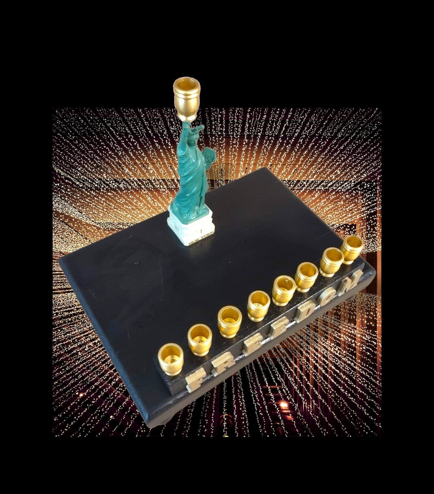 Statue of Liberty Menorah — repurposed figure on footed wood plaque with letters | Judaica Square Lakewood (view 5)