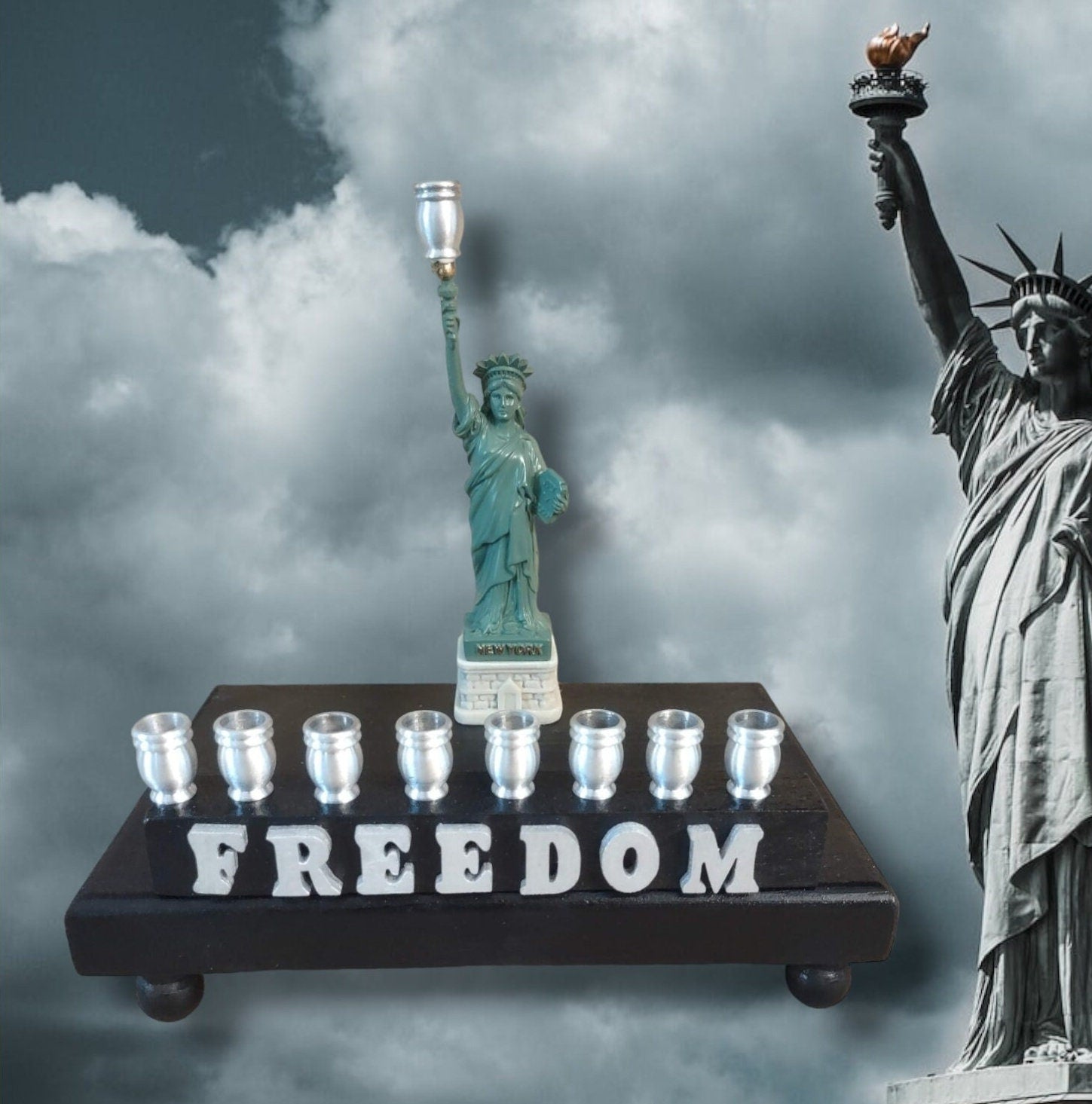 Statue of Liberty Menorah — repurposed figure on footed wood plaque with letters | Judaica Square Lakewood (view 2)