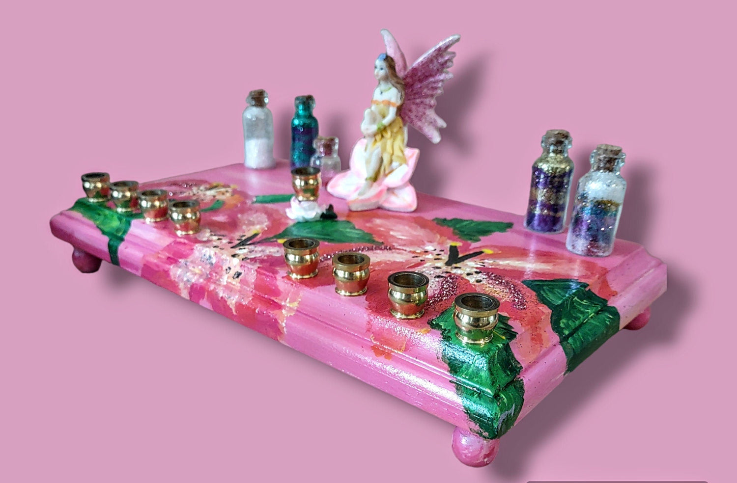Fairy Flower Menorah — resin fairy and glass dust jar on a painted floral base | Judaica Square Lakewood (view 3)