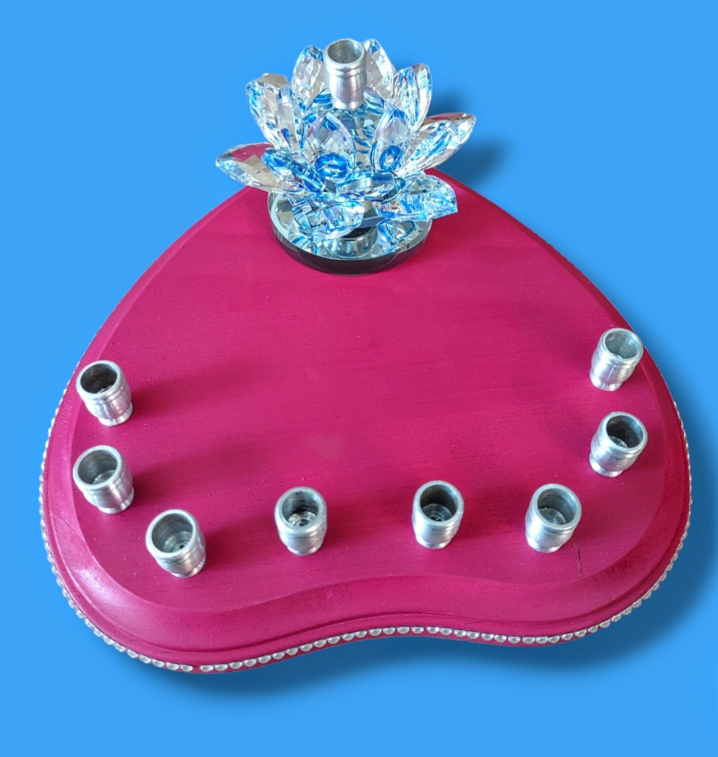 Personalized crystal lily menorah — spinning lily, rhinestones and custom name detail | Judaica Square Lakewood (view 2)