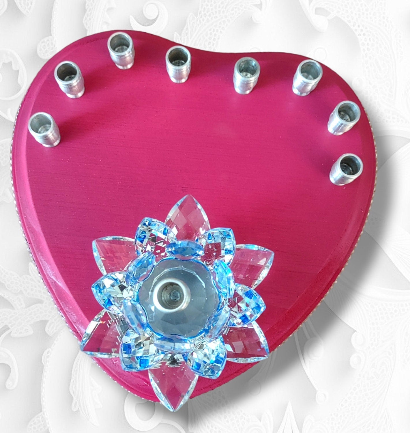 Personalized crystal lily menorah — spinning lily, rhinestones and custom name detail | Judaica Square Lakewood (view 3)