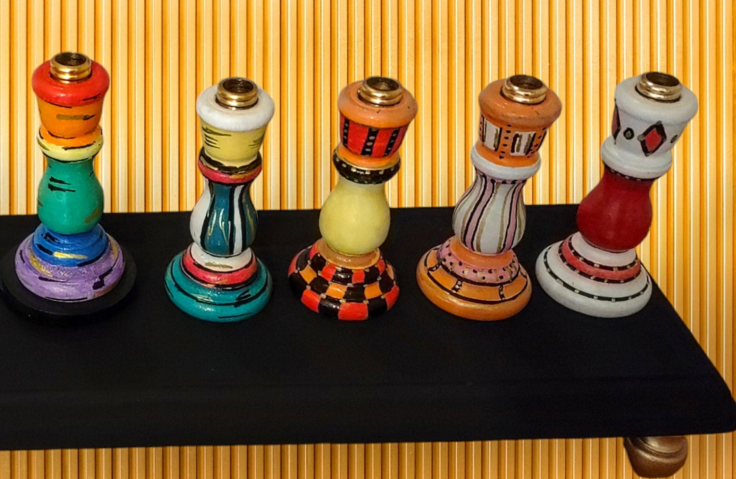 Tapered candlestick menorah — hand-painted checkerboard holders on a 16-inch black base | Judaica Square Lakewood (view 5)
