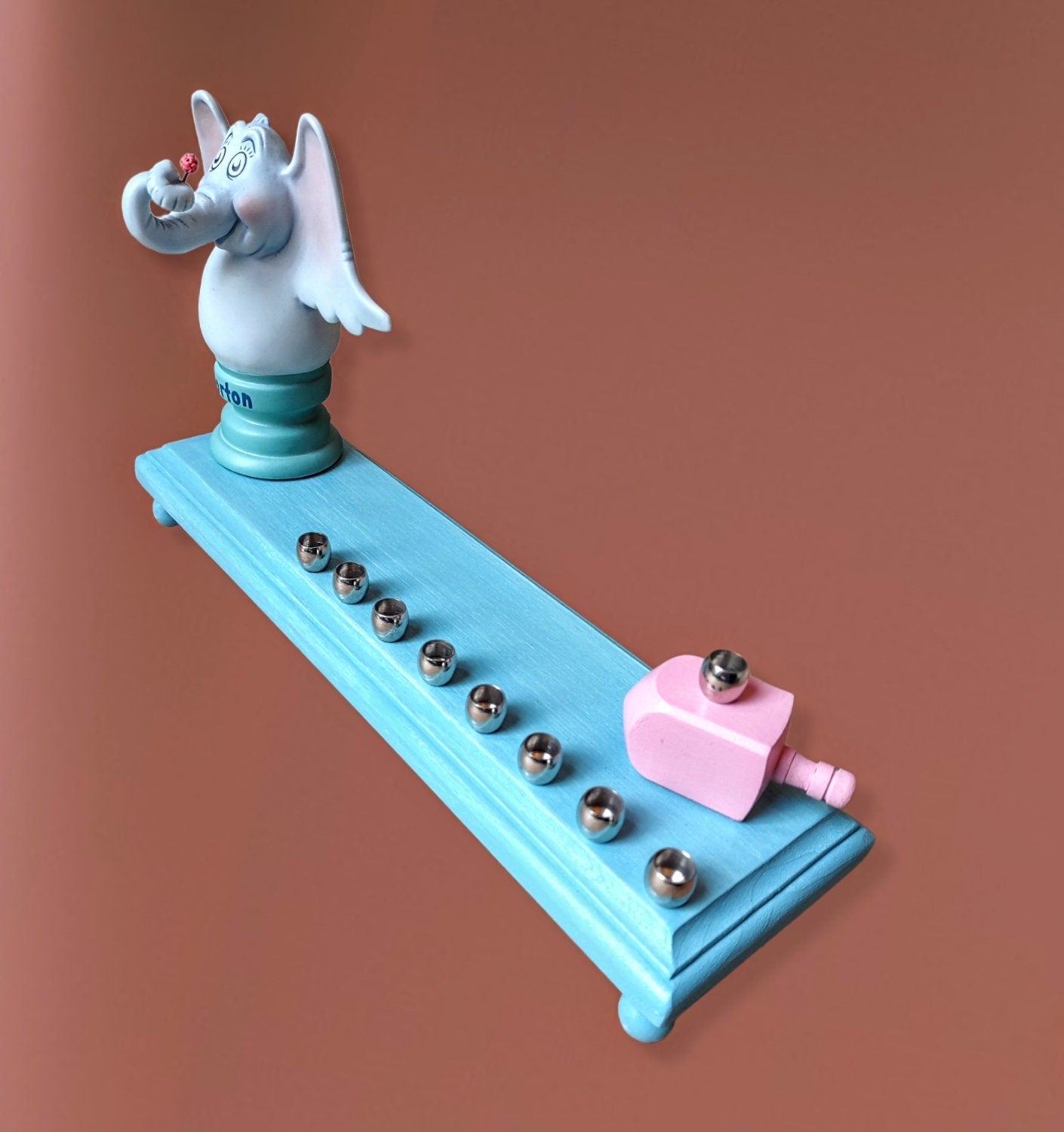 Horton Menorah — elephant figure with pink dreidel and brass cups | Judaica Square Lakewood (view 4)