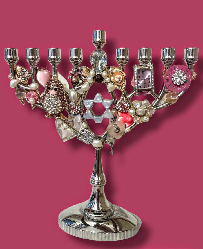 Pink Ribbon Jeweled Menorah — brass dancing figures dressed in vintage pink jewelry | Judaica Square Lakewood