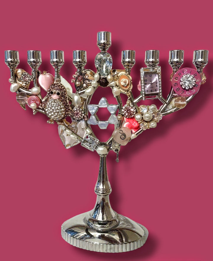 Pink Ribbon Jeweled Menorah — Vintage Brooches on Brass