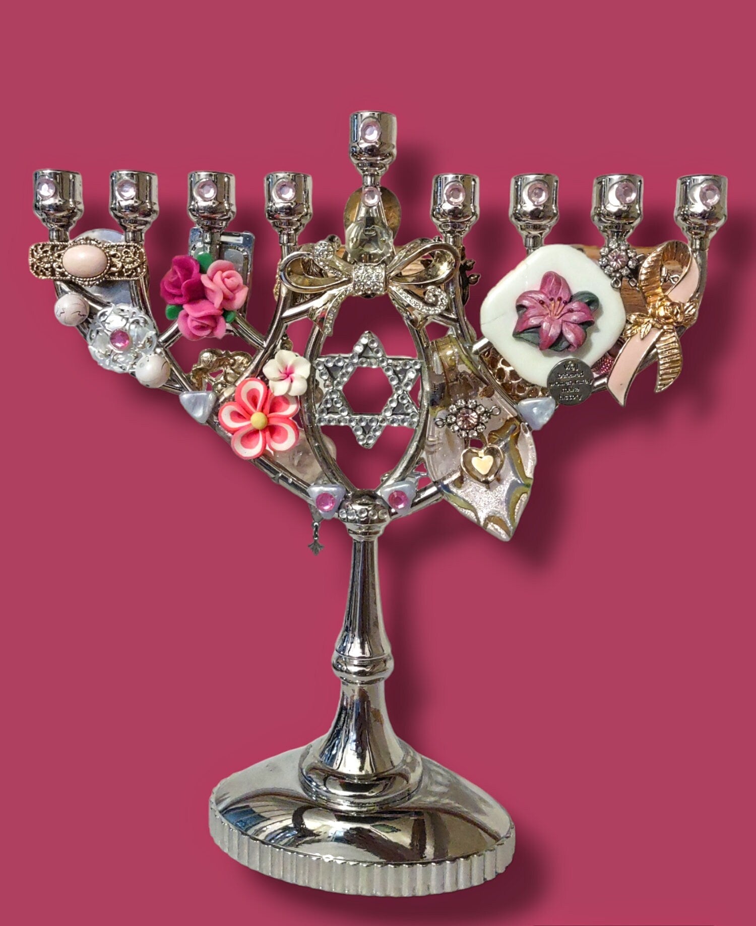 Pink Ribbon Jeweled Menorah — brass dancing figures dressed in vintage pink jewelry | Judaica Square Lakewood (view 2)