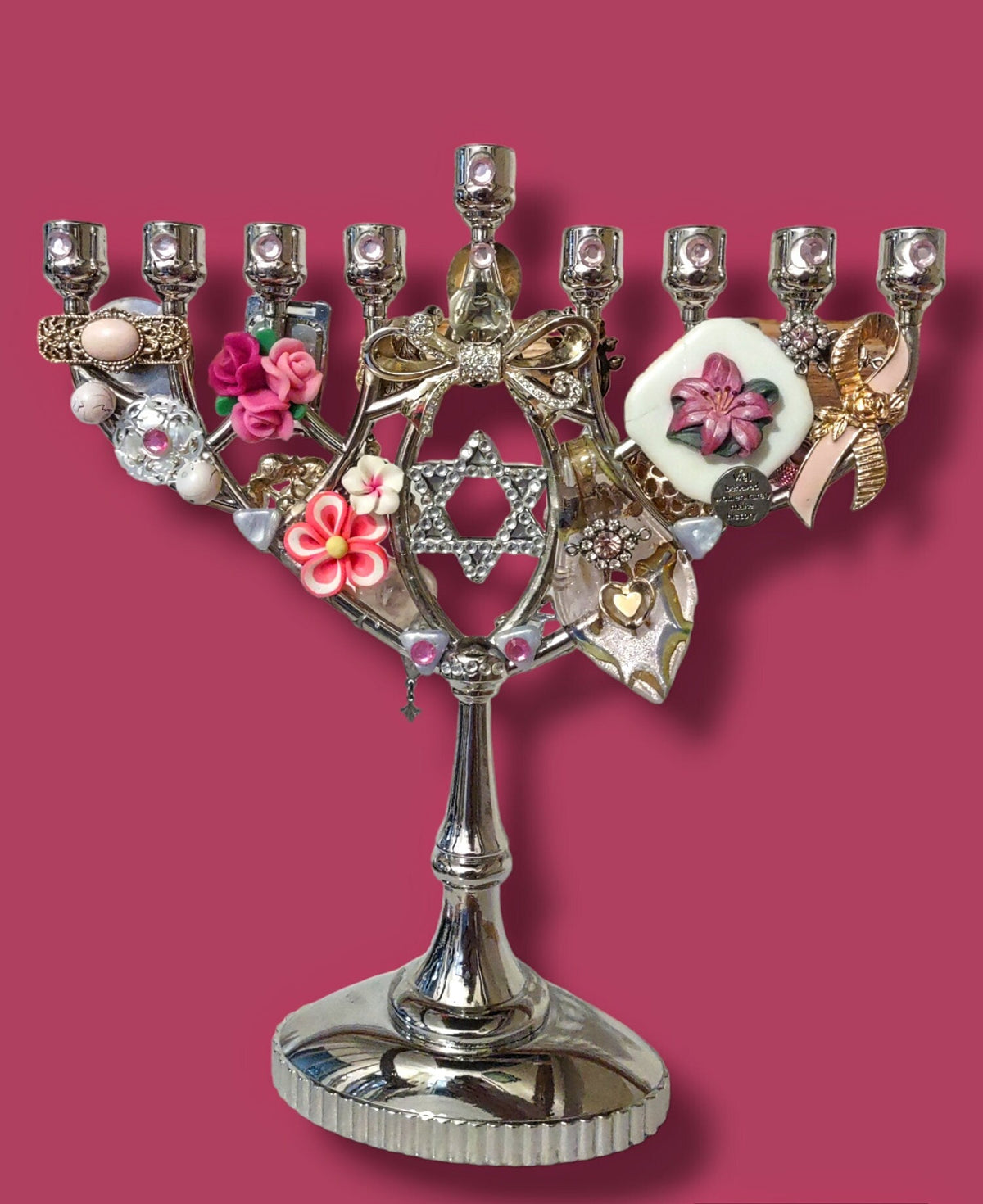 Pink Ribbon Jeweled Menorah — brass dancing figures dressed in vintage pink jewelry | Judaica Square Lakewood (view 2)