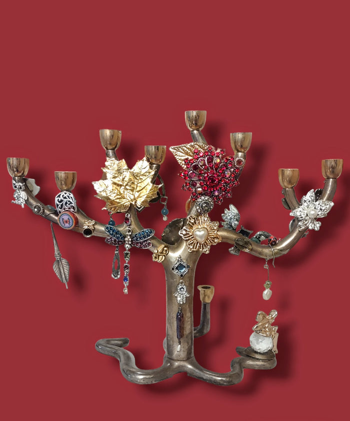 Jeweled Tree Menorah — vintage tree form covered in buttons and crystals | Judaica Square Lakewood