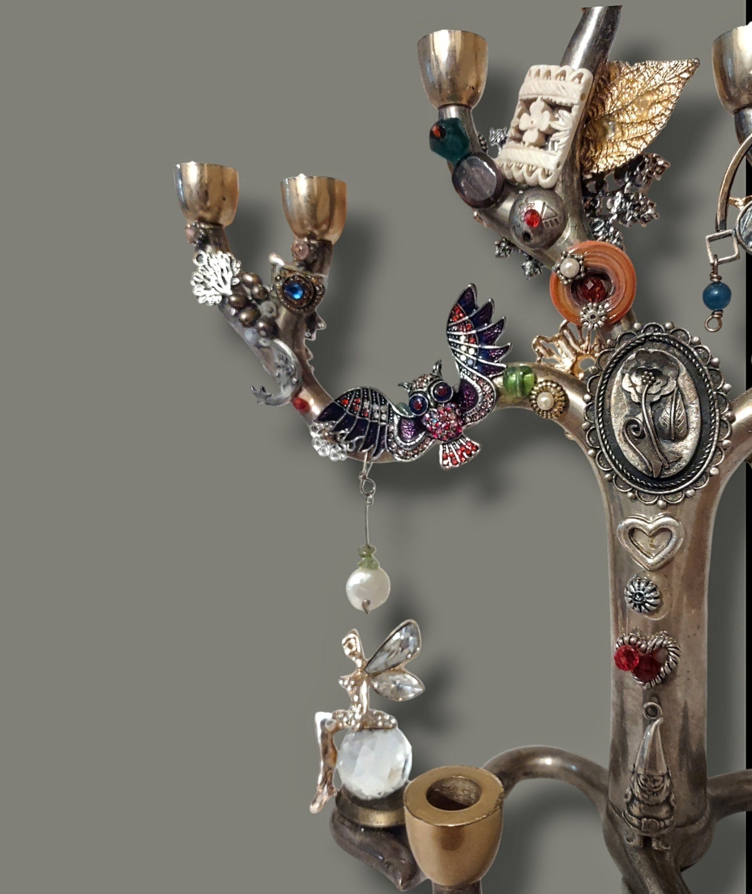 Jeweled Tree Menorah — vintage tree form covered in buttons and crystals | Judaica Square Lakewood (view 3)