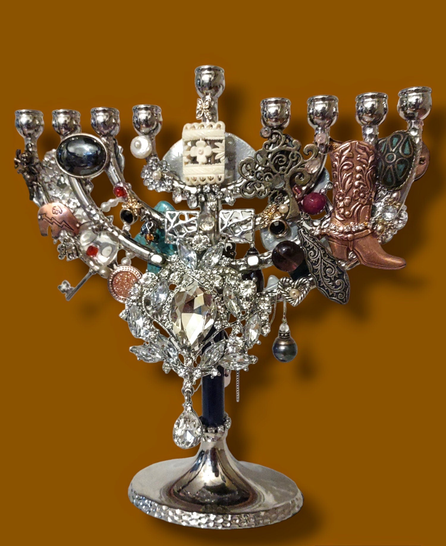 Jeweled Menorah — brass dancing figures covered in vintage jewelry | Judaica Square Lakewood (view 2)