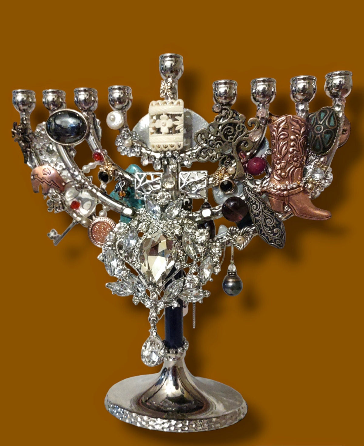 Jeweled Menorah — brass dancing figures covered in vintage jewelry | Judaica Square Lakewood (view 2)