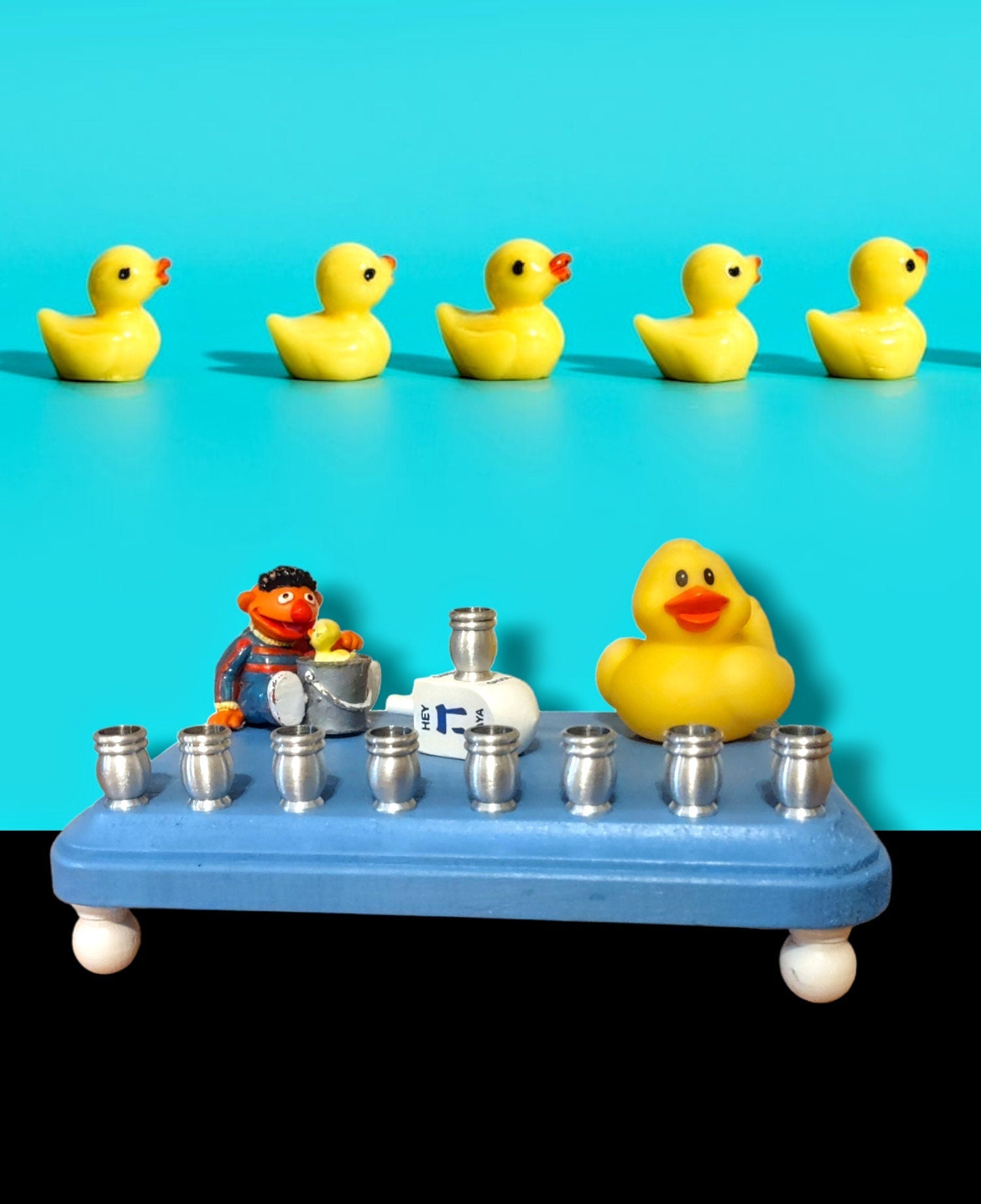 Rubber Ducky Menorah — Ernie and yellow duck on blue base with gold cups | Judaica Square Lakewood (view 2)
