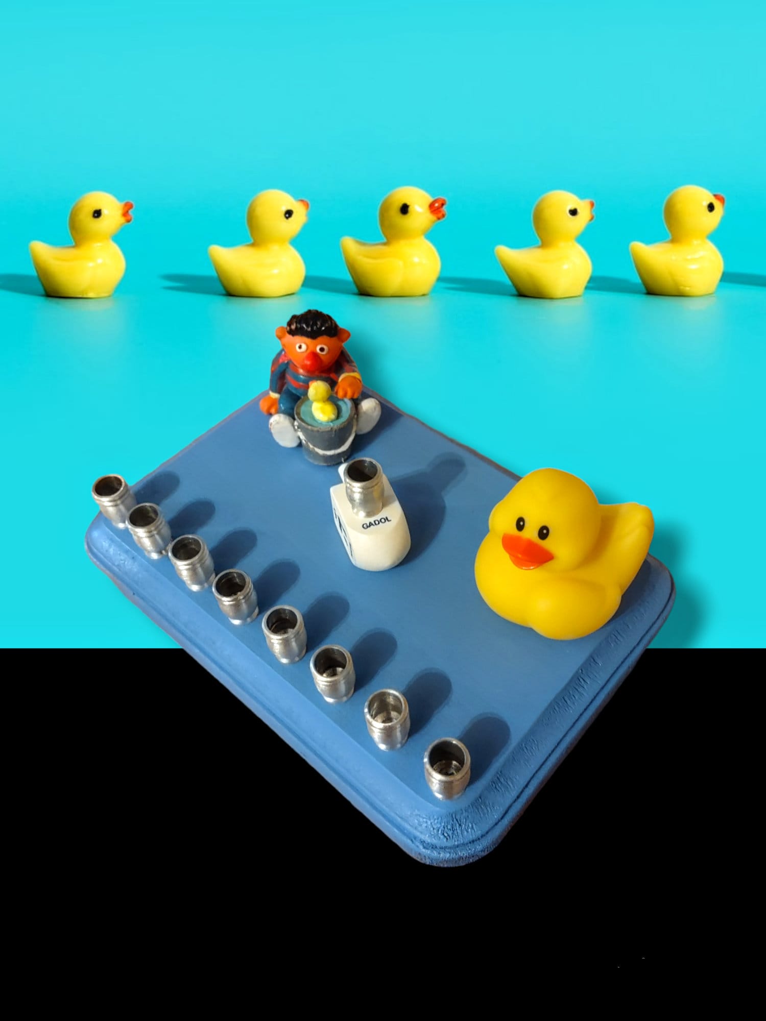 Rubber Ducky Menorah — Ernie and yellow duck on blue base with gold cups | Judaica Square Lakewood (view 3)