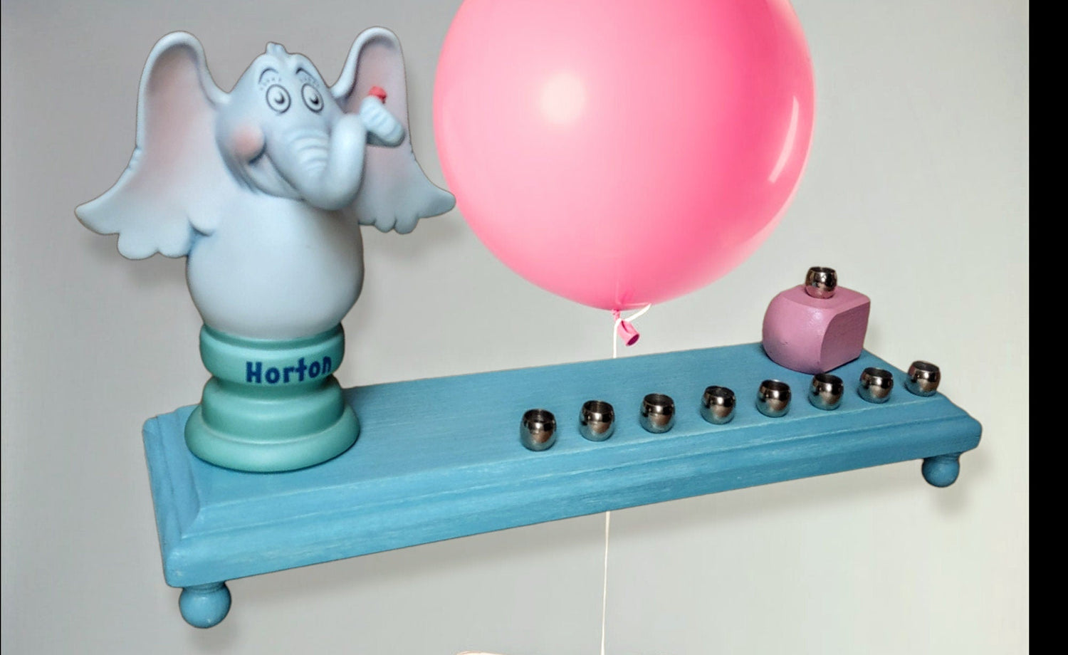 Horton Menorah — elephant figure with pink dreidel and brass cups | Judaica Square Lakewood (view 3)