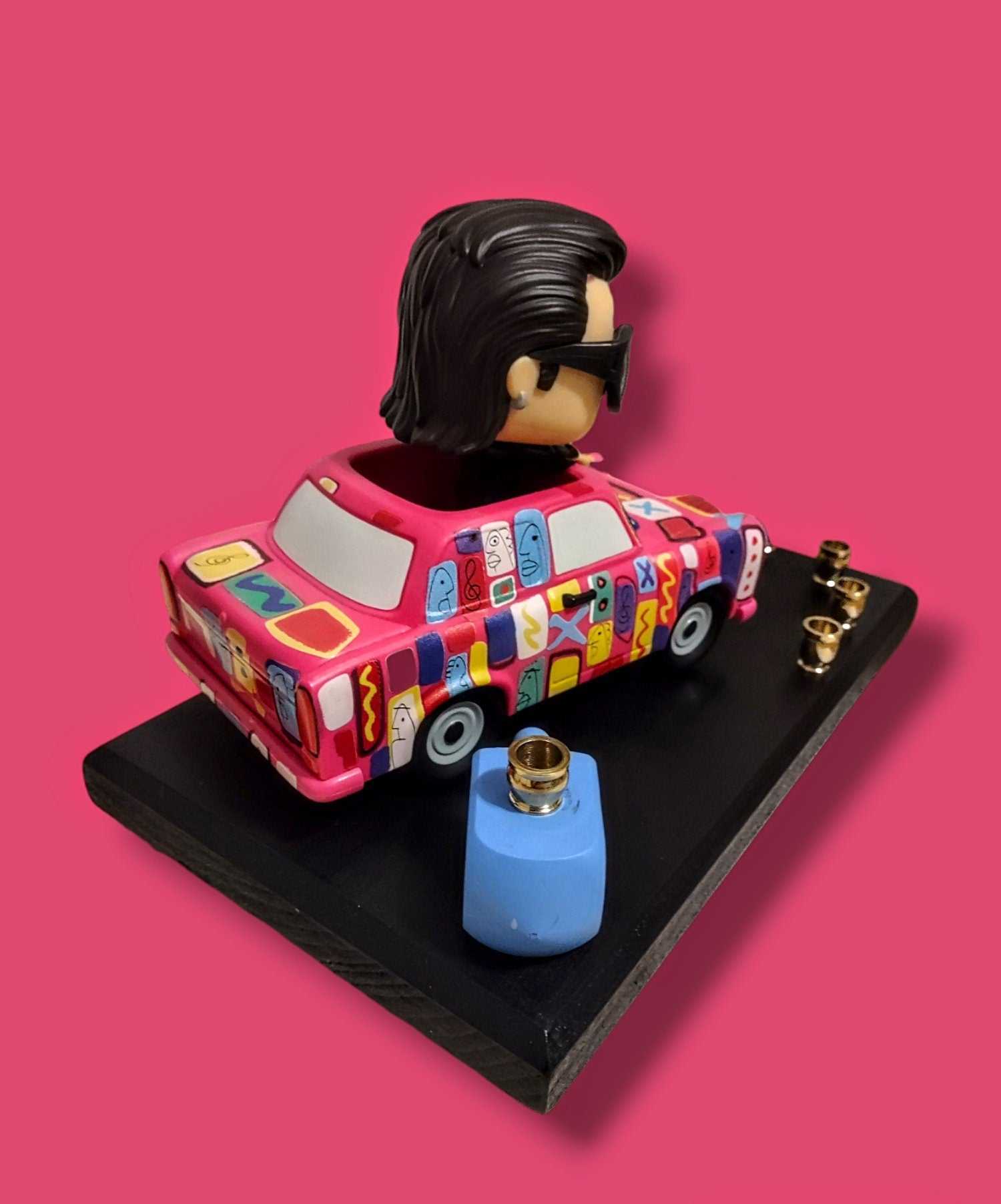 U2 Bono menorah — vinyl Bono figure in the painted Achtung Baby car with brass candle cups | Judaica Square Lakewood (view 5)