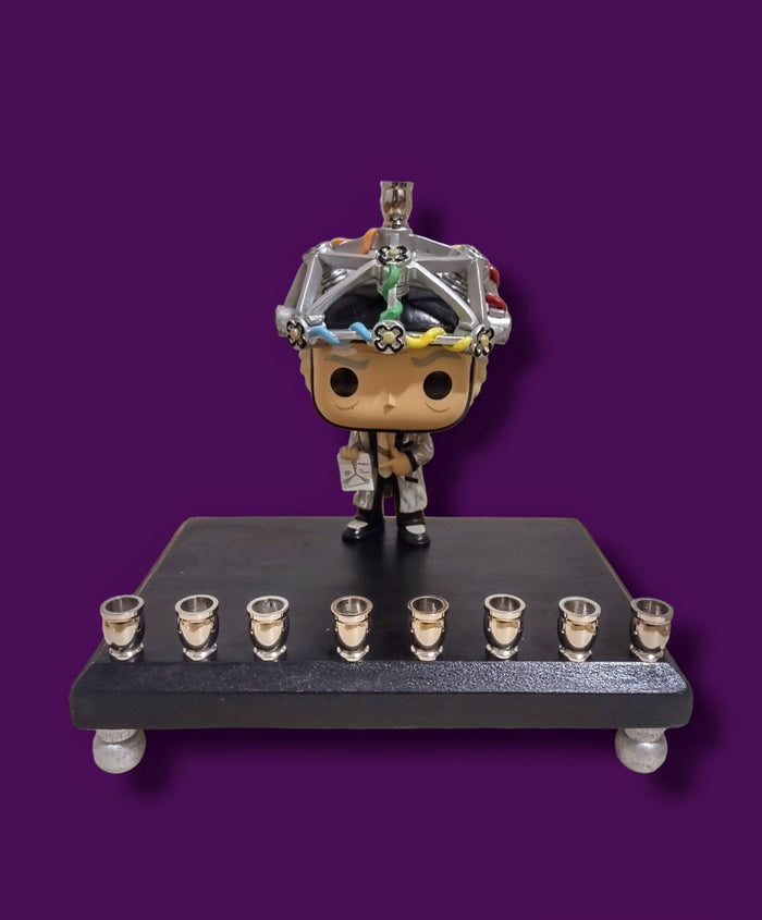 Back to the Future menorah — vinyl Doc figure with contraption and brass cups | Judaica Square Lakewood