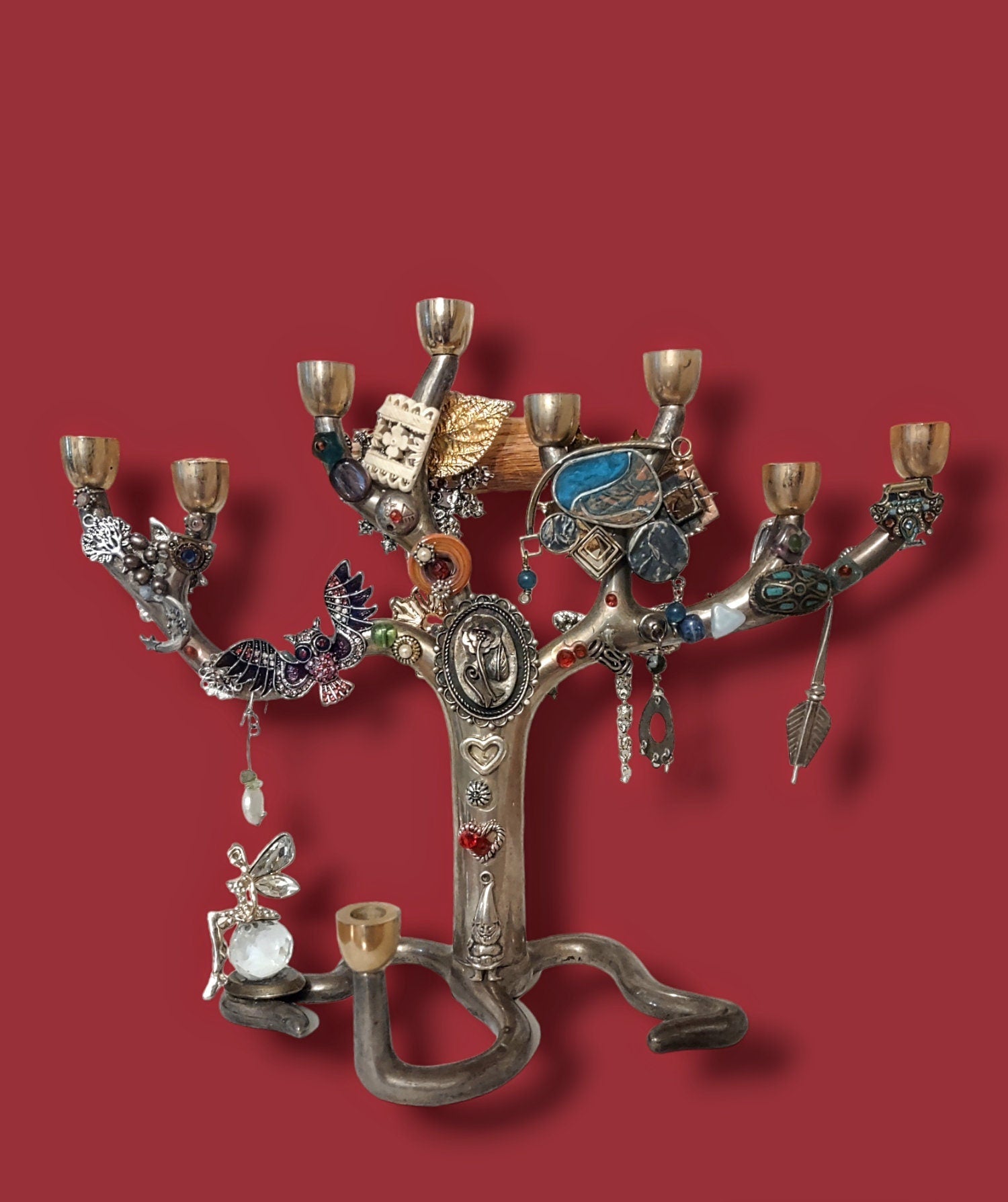Jeweled Tree Menorah — vintage tree form covered in buttons and crystals | Judaica Square Lakewood (view 2)