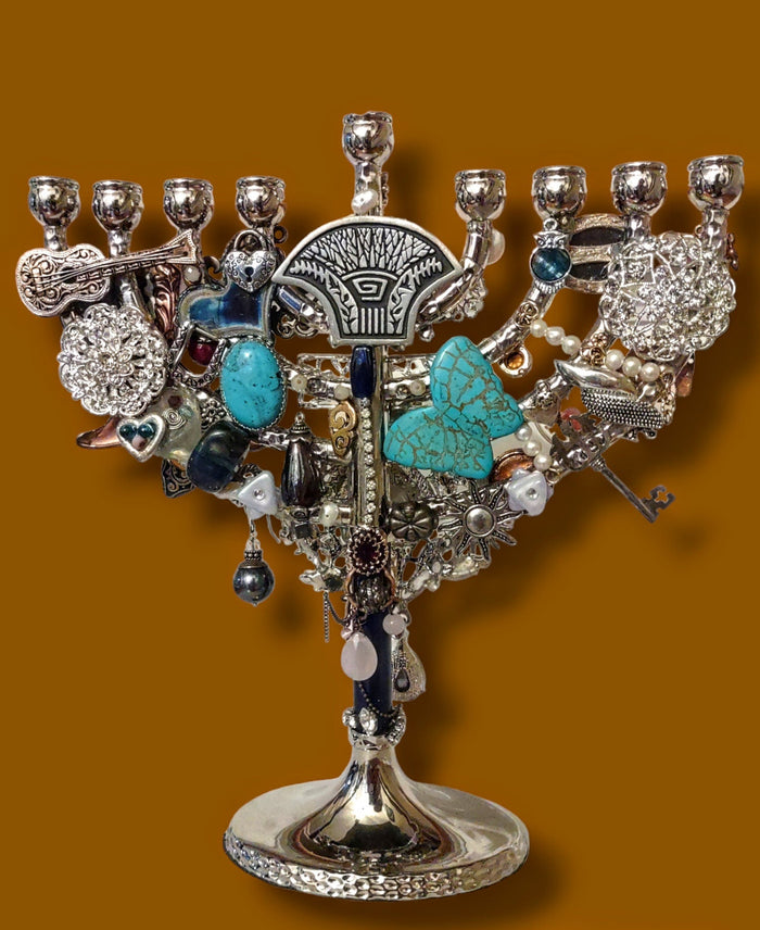 Jeweled Menorah — brass dancing figures covered in vintage jewelry | Judaica Square Lakewood