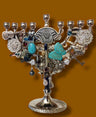 Jeweled Menorah — brass dancing figures covered in vintage jewelry | Judaica Square Lakewood