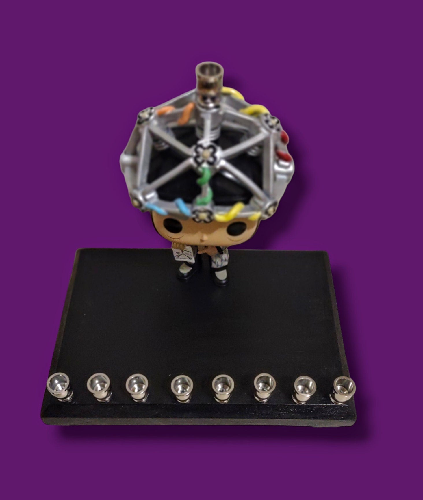 Back to the Future menorah — vinyl Doc figure with contraption and brass cups | Judaica Square Lakewood (view 4)