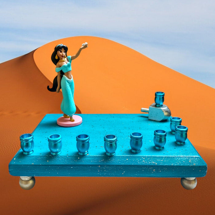 Princess Jasmine menorah — Aladdin figure on glittered plaque with dreidel shamash | Judaica Square Lakewood