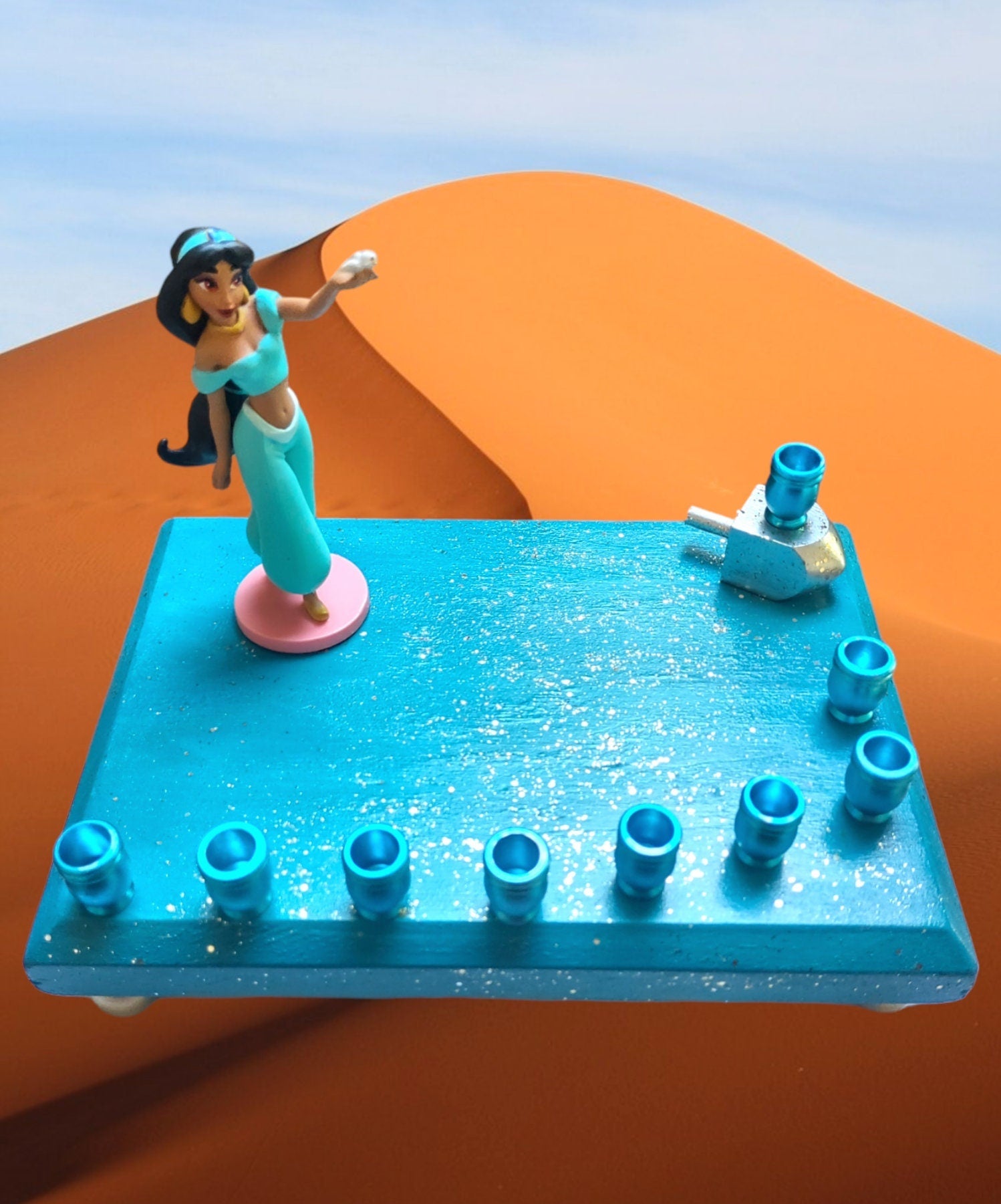 Princess Jasmine menorah — Aladdin figure on glittered plaque with dreidel shamash | Judaica Square Lakewood (view 4)