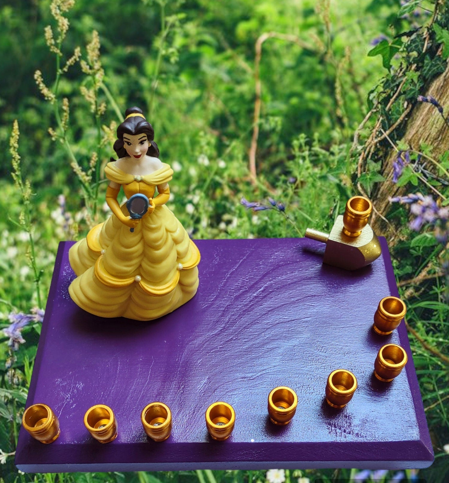 Belle menorah — Beauty and the Beast figure in gold gown with aluminum cups | Judaica Square Lakewood (view 4)
