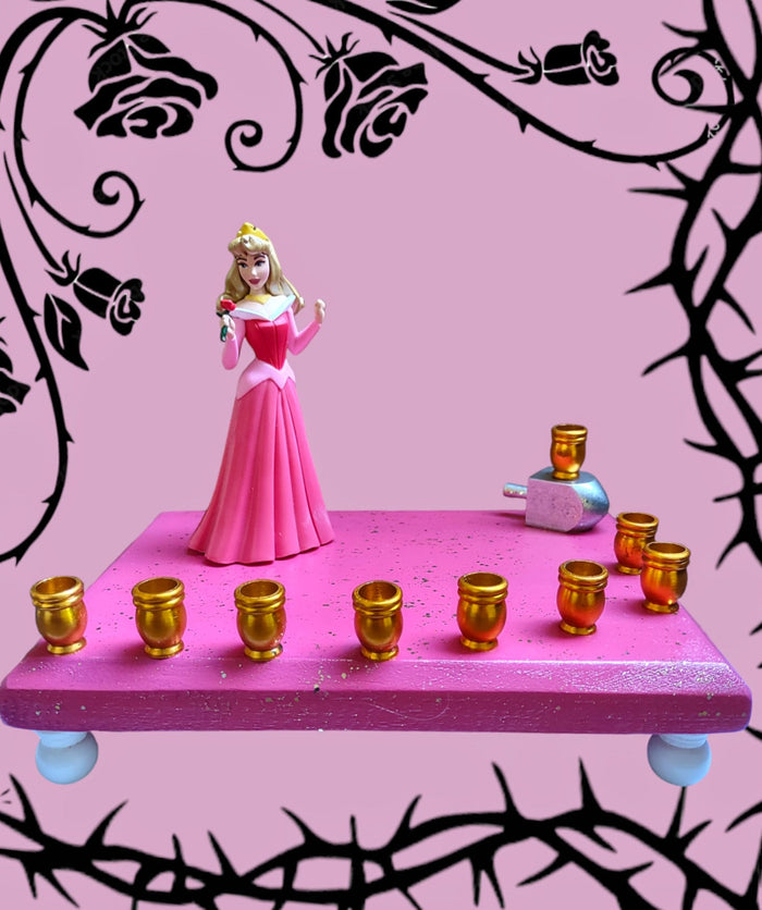 Sleeping Beauty menorah — Princess Aurora figure on glittered painted plaque | Judaica Square Lakewood