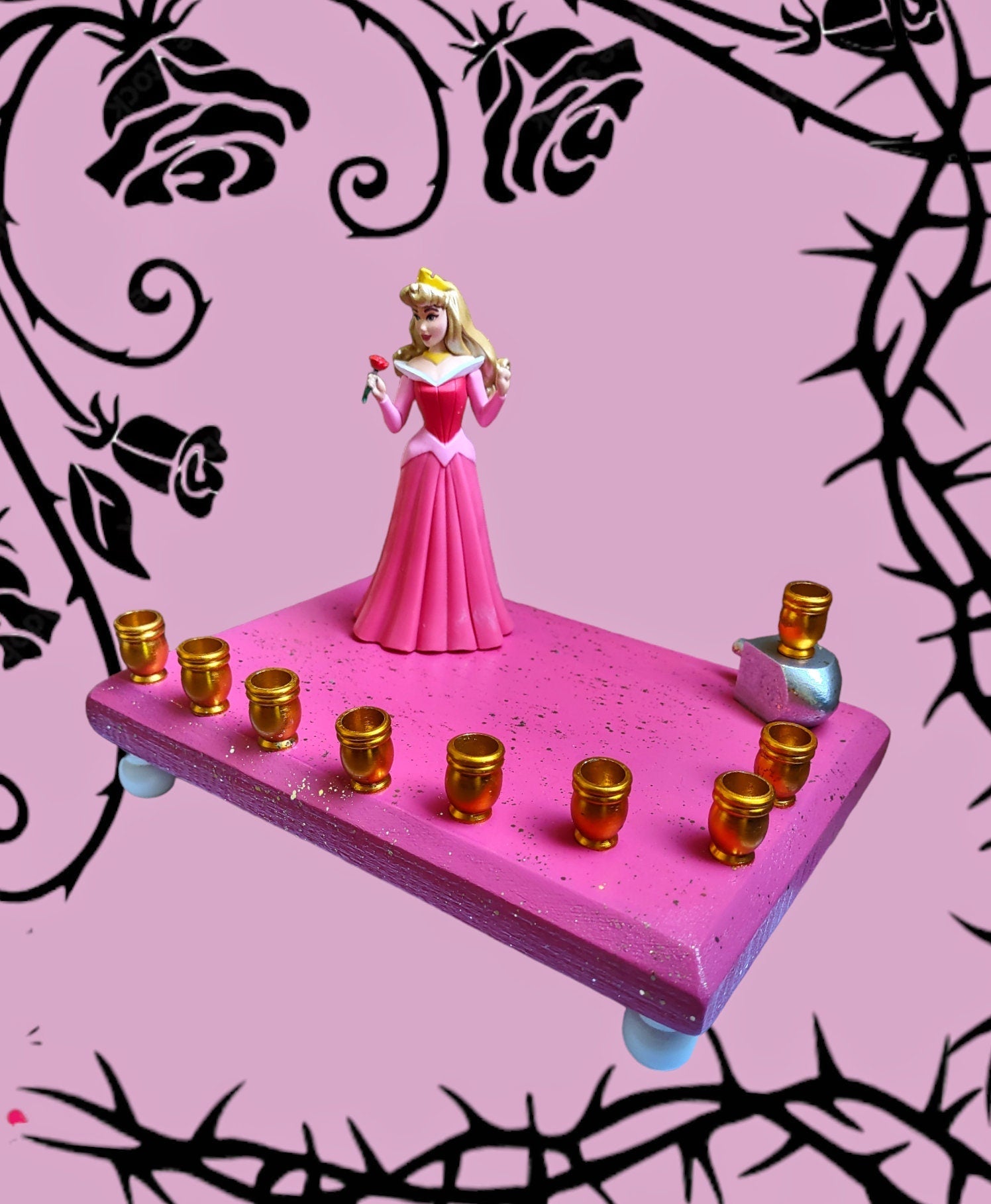 Sleeping Beauty menorah — Princess Aurora figure on glittered painted plaque | Judaica Square Lakewood (view 2)