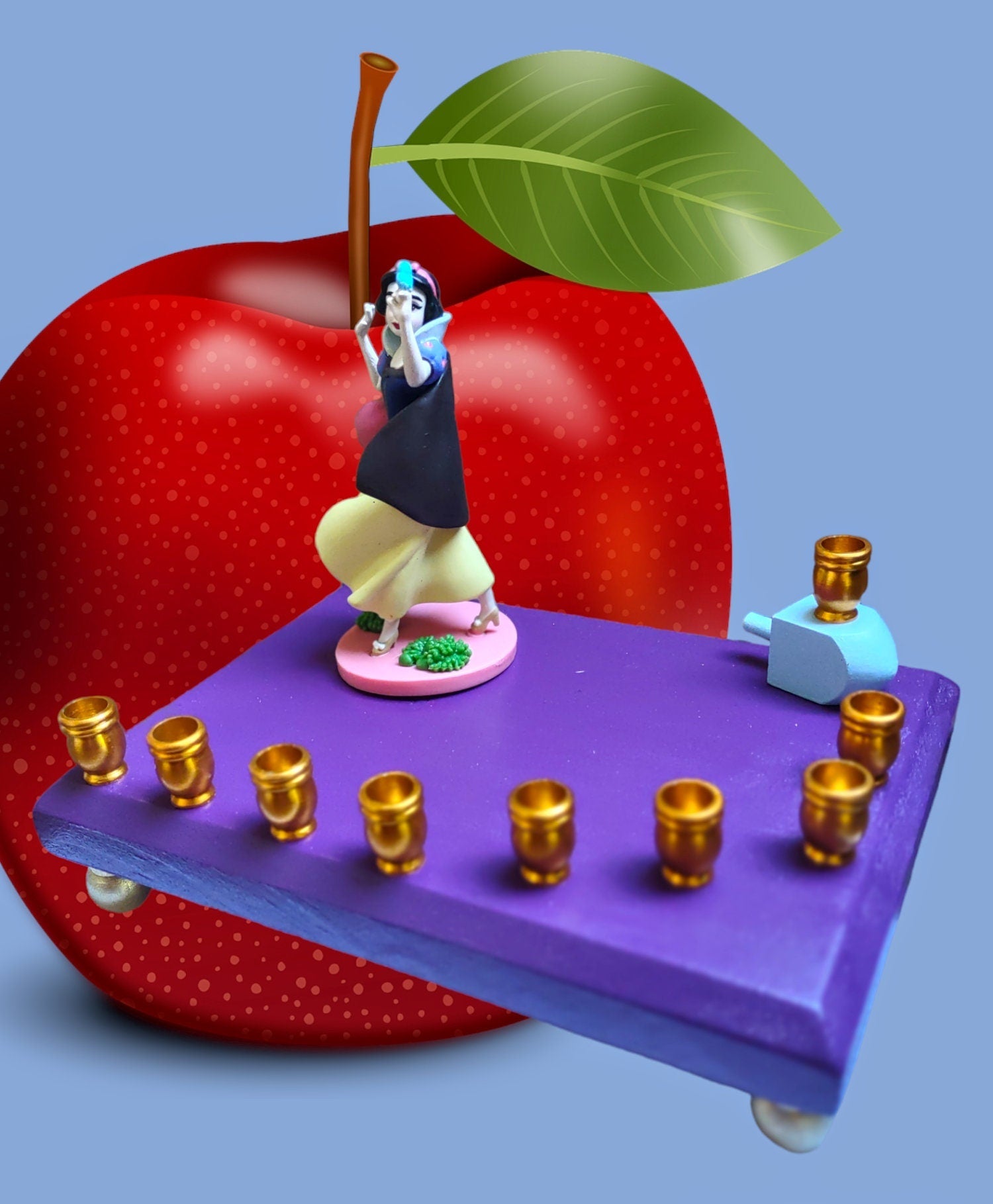 Snow White menorah — vintage Disney figure on red glitter base with blue cups | Judaica Square Lakewood (view 4)