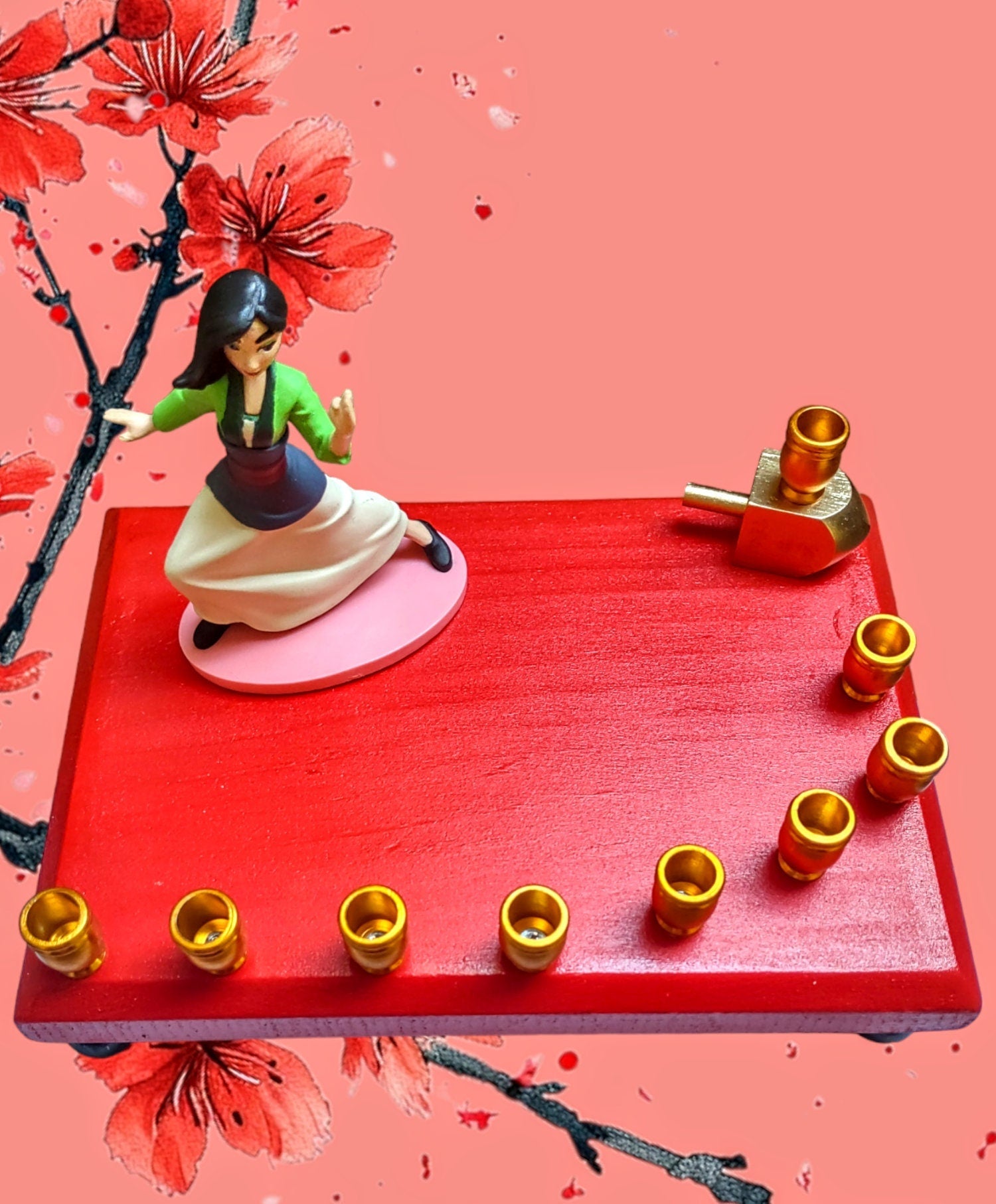 Mulan menorah — repurposed Disney figure on painted rectangular base with dreidel | Judaica Square Lakewood (view 4)