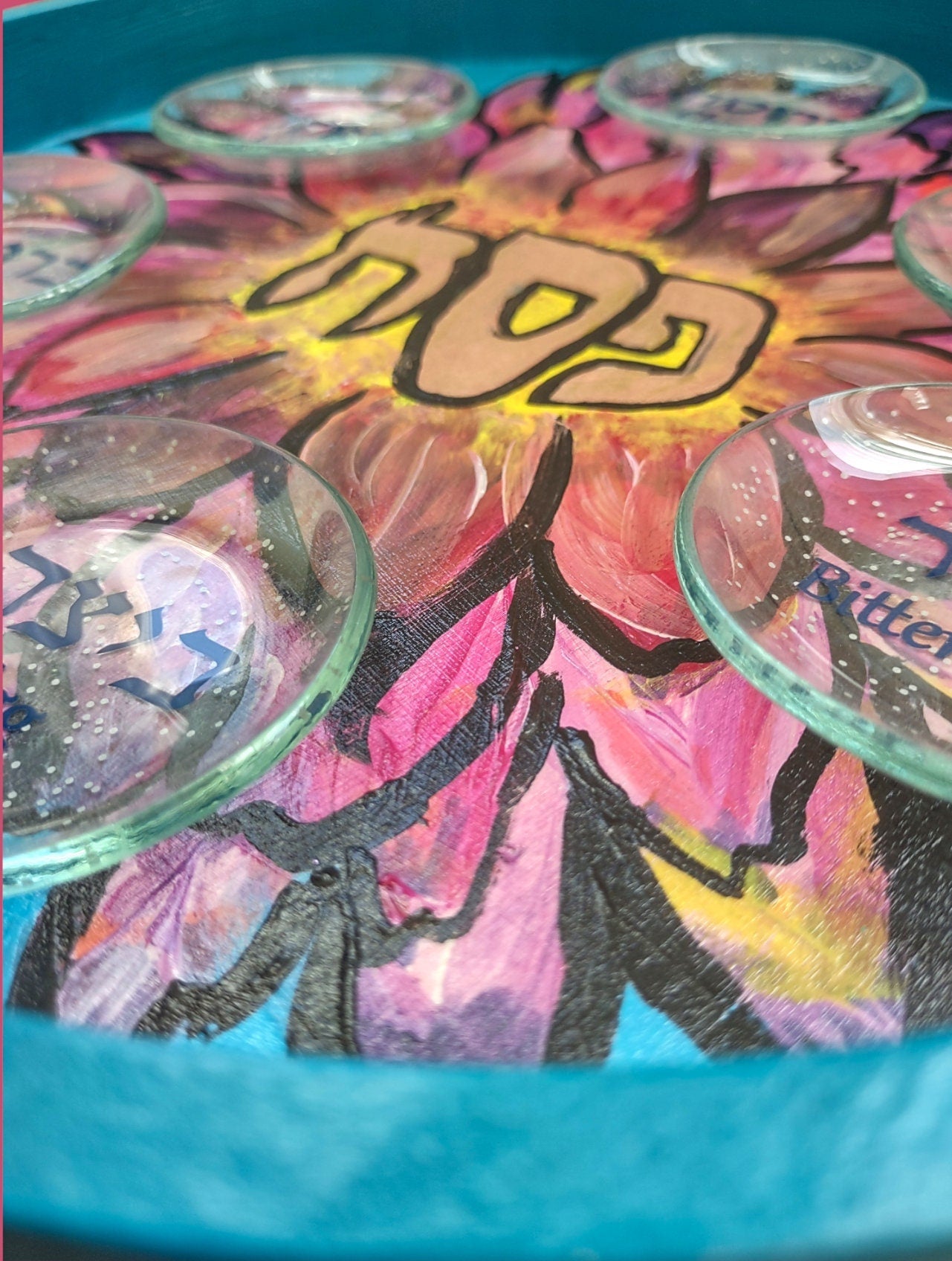 Spring flower seder plate — hand-painted hardwood with Hebrew and English bowls | Judaica Square Lakewood (view 4)
