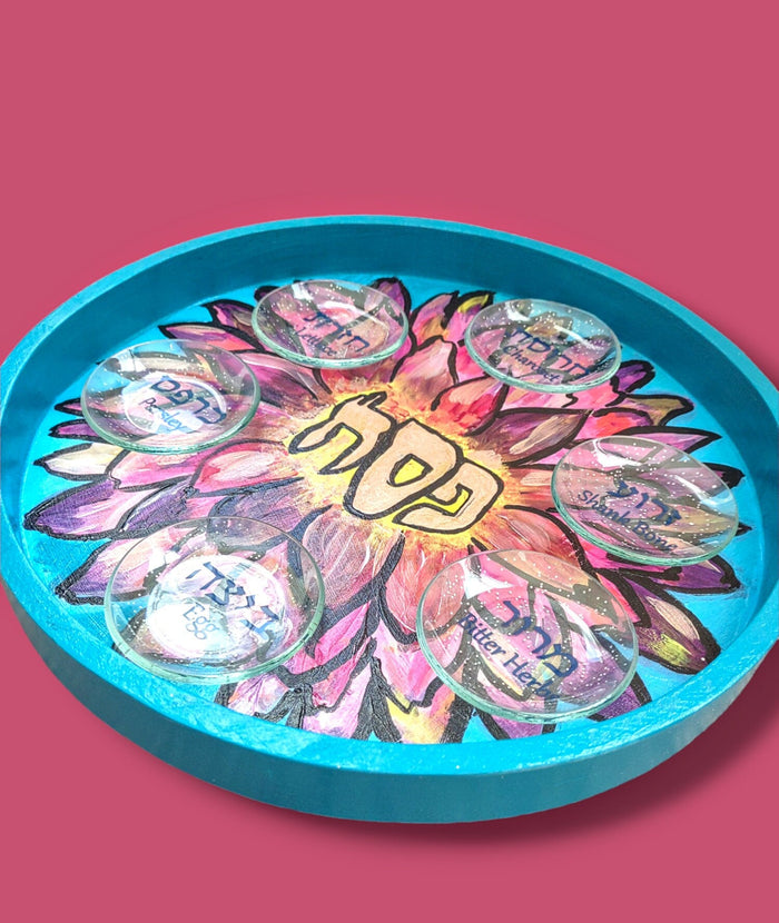 Spring flower seder plate — hand-painted hardwood with Hebrew and English bowls | Judaica Square Lakewood