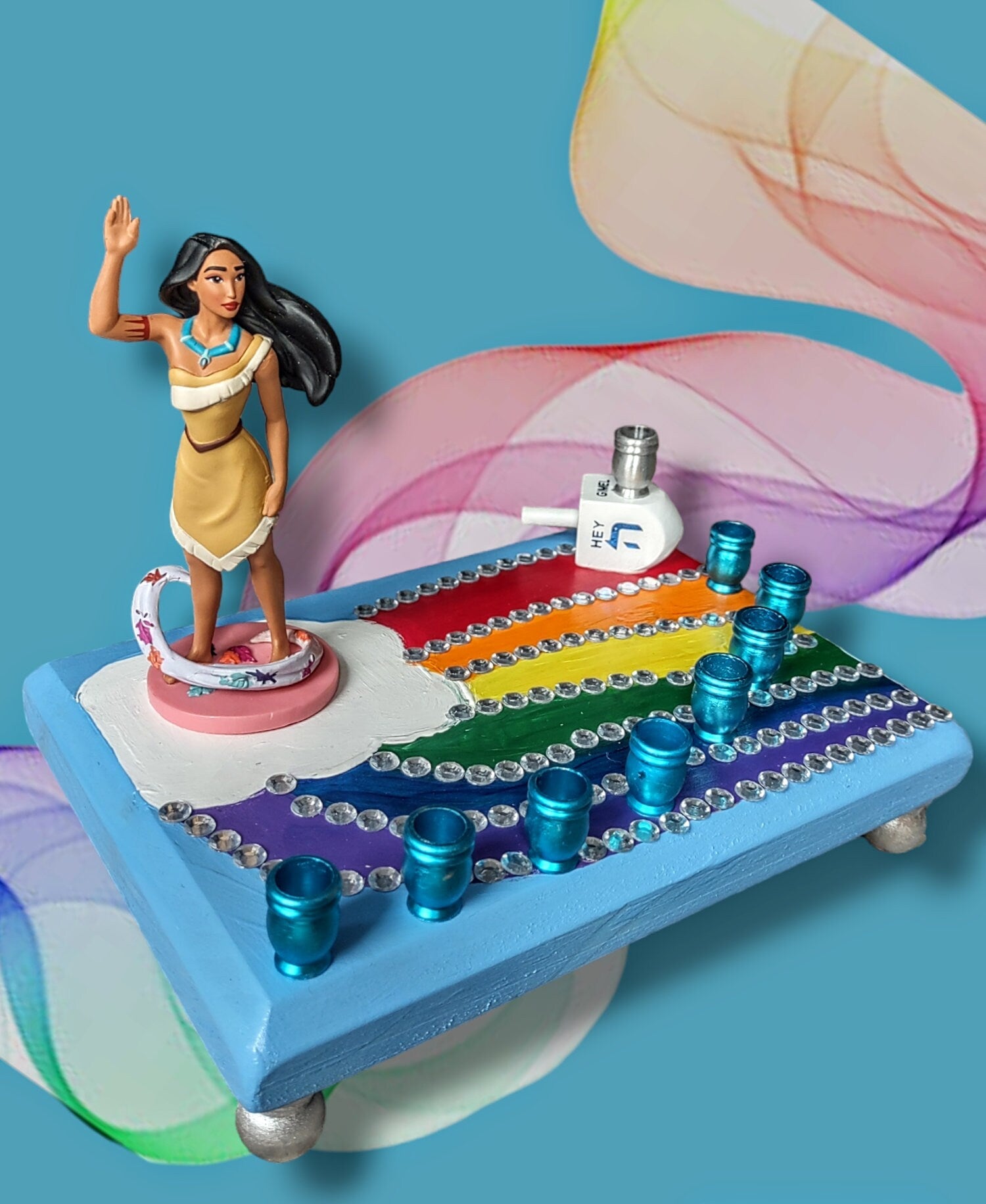 Pocahontas menorah — repurposed Disney princess figure with wood dreidel shamash | Judaica Square Lakewood (view 2)