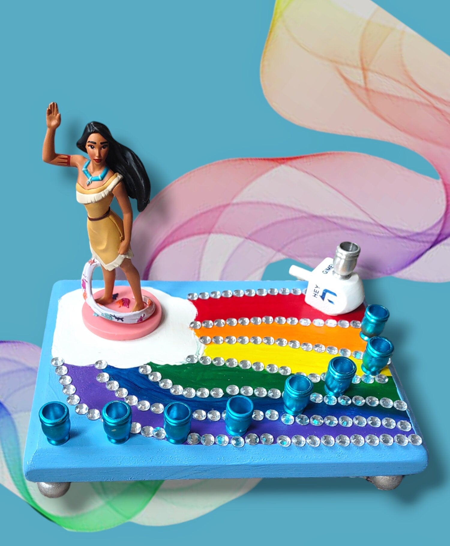 Pocahontas menorah — repurposed Disney princess figure with wood dreidel shamash | Judaica Square Lakewood (view 3)