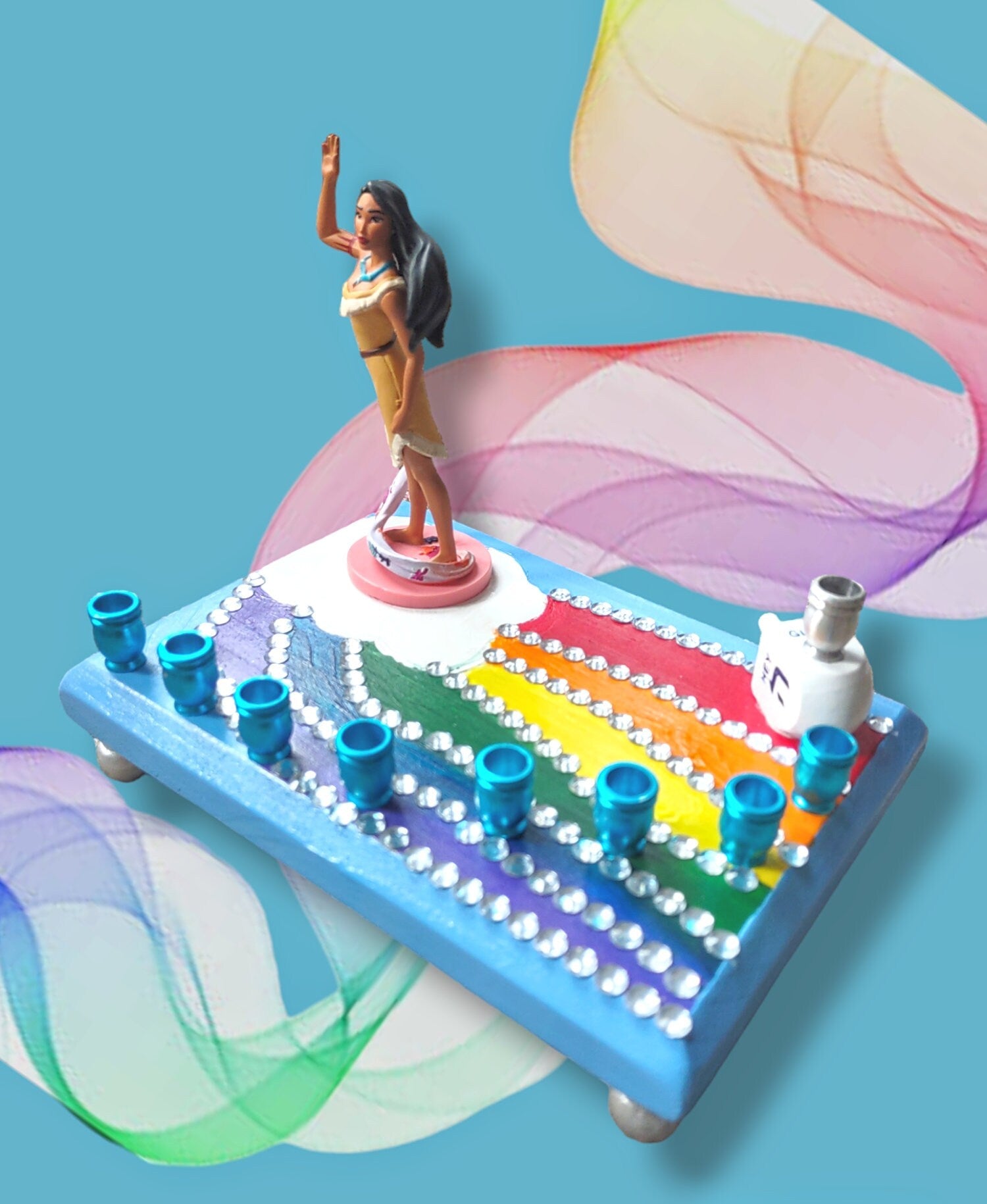 Pocahontas menorah — repurposed Disney princess figure with wood dreidel shamash | Judaica Square Lakewood (view 4)