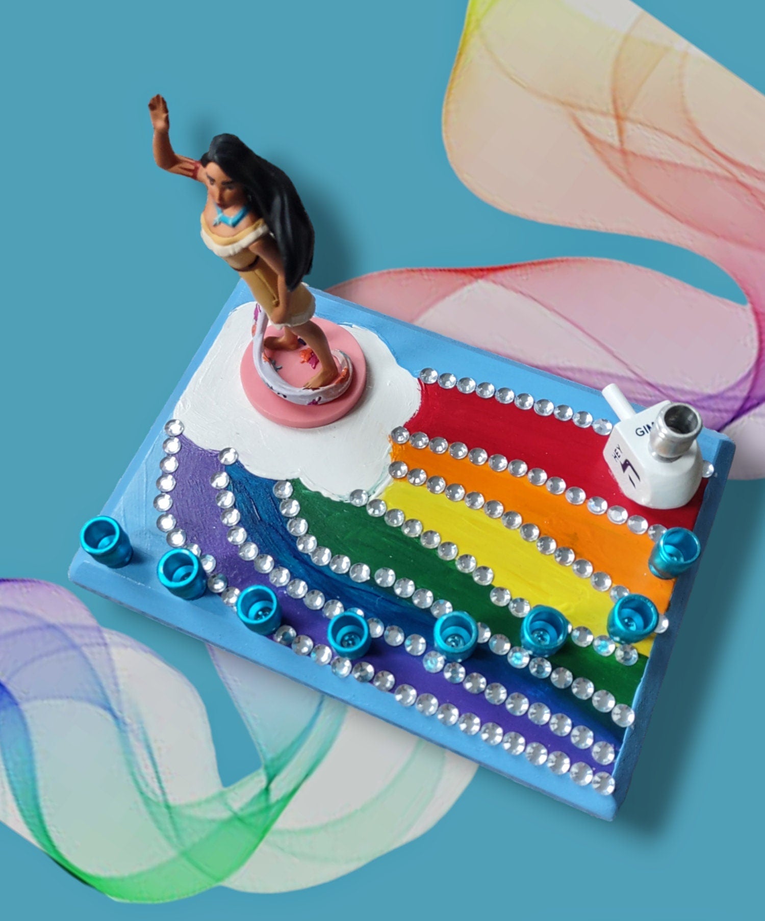 Pocahontas menorah — repurposed Disney princess figure with wood dreidel shamash | Judaica Square Lakewood (view 5)