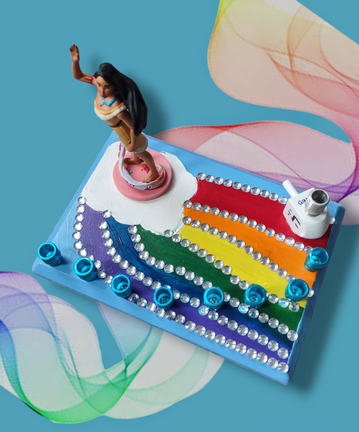 Pocahontas menorah — repurposed Disney princess figure with wood dreidel shamash | Judaica Square Lakewood (view 5)