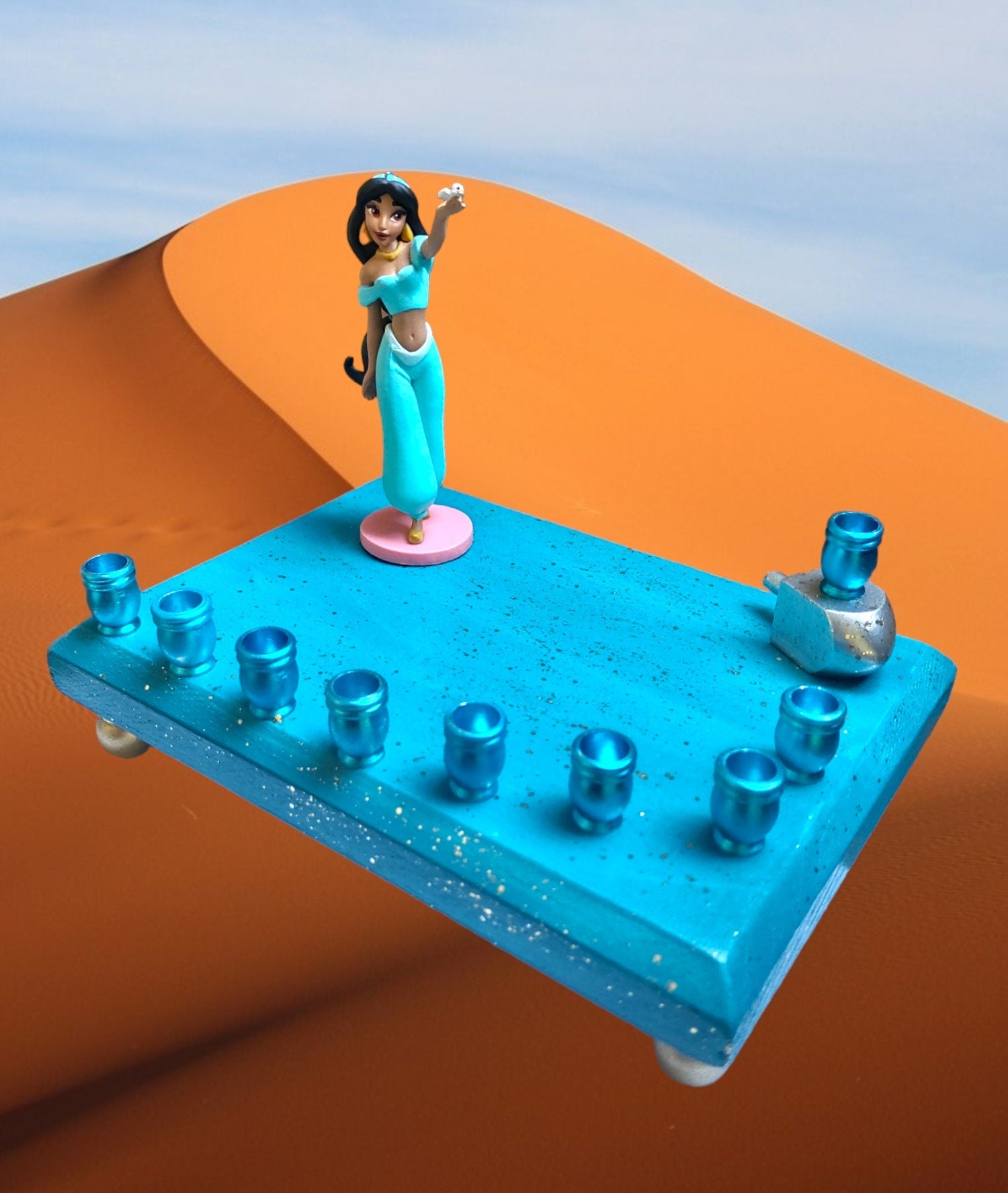 Princess Jasmine menorah — Aladdin figure on glittered plaque with dreidel shamash | Judaica Square Lakewood (view 2)