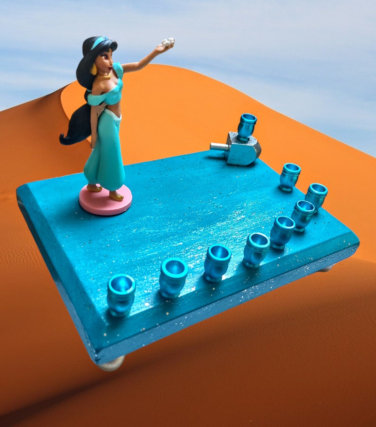 Princess Jasmine menorah — Aladdin figure on glittered plaque with dreidel shamash | Judaica Square Lakewood (view 3)