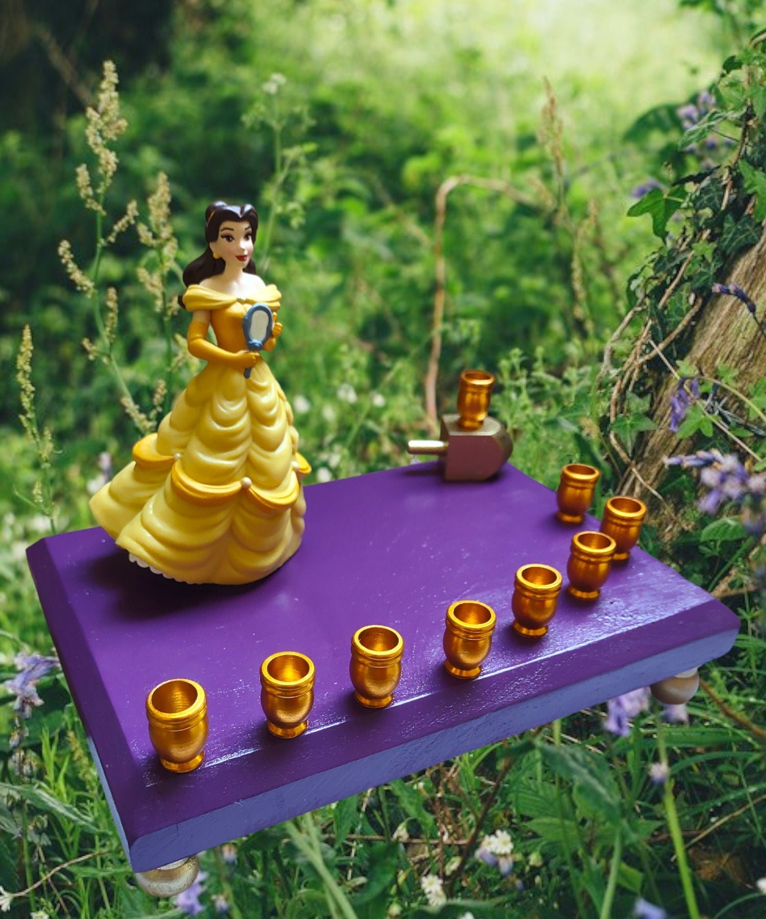 Belle menorah — Beauty and the Beast figure in gold gown with aluminum cups | Judaica Square Lakewood (view 2)
