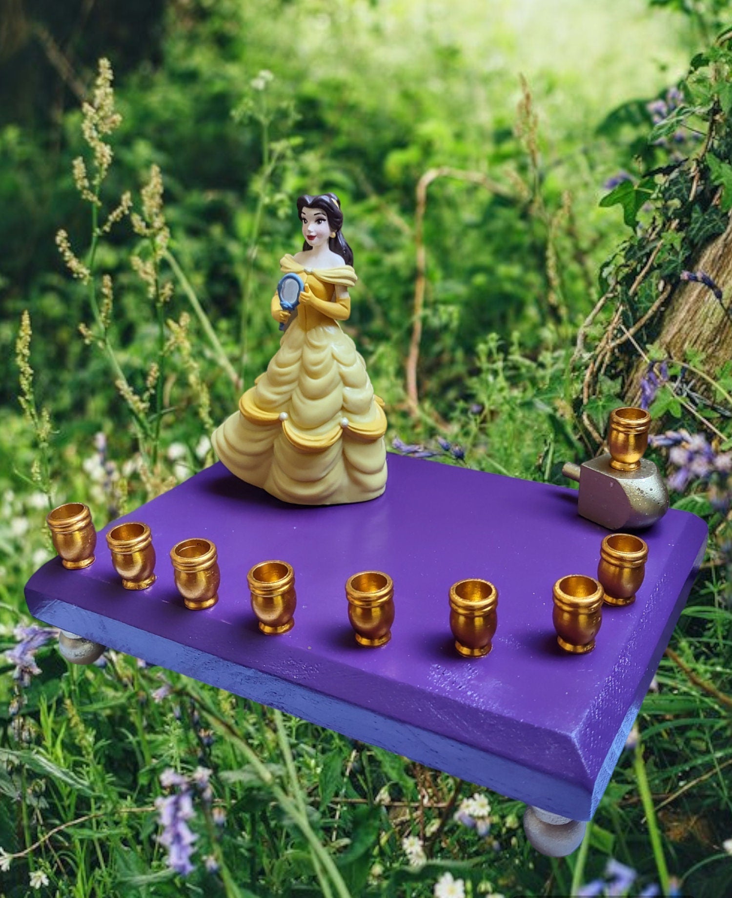 Belle menorah — Beauty and the Beast figure in gold gown with aluminum cups | Judaica Square Lakewood (view 3)